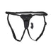 Black adjustable strap-on harness with elongated front pocket and removable wireless remote control vibrator.