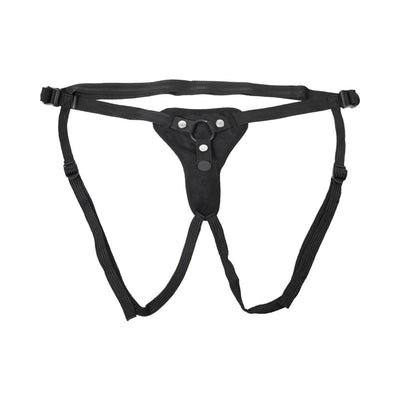 Black adjustable strap-on harness with front padding and O-ring for dildo attachment, designed for customizable fit.