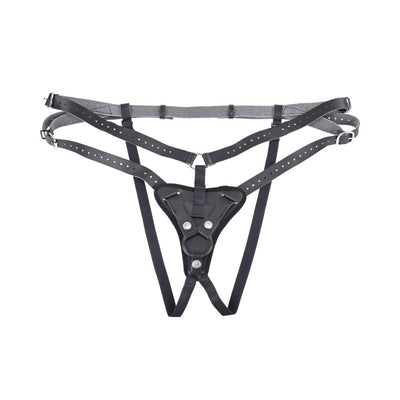 Black adjustable high-waisted strap on harness with reinforced padding and interchangeable O-ring.