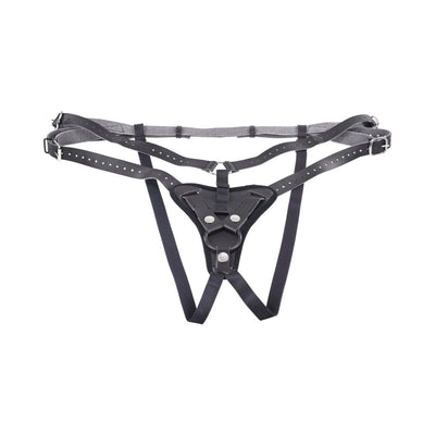 Black high-waisted adjustable strap-on harness with reinforced O-ring and multiple buckles for custom fit.