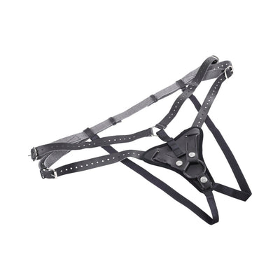Black adjustable high-waisted strap on harness with reinforced padding and interchangeable O-Ring for customizable fit.