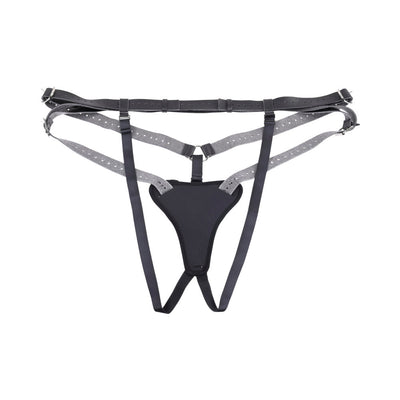 Black adjustable high-waisted strap on harness with reinforced padding and multiple buckles for a custom fit.