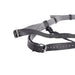 Close-up of black adjustable leather straps with silver buckles and grey fabric lining for a high-waisted strap-on harness.