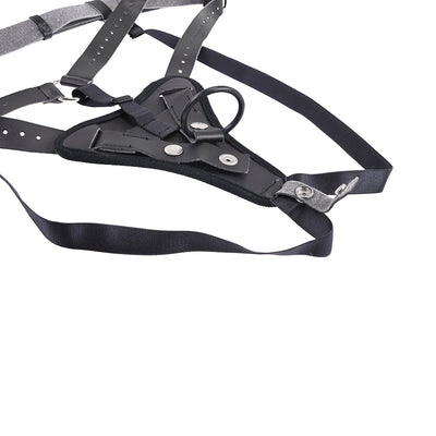 Black adjustable high-waisted strap-on harness with reinforced padding and interchangeable O-ring for custom fit.