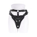 Black high-waisted adjustable strap on harness with reinforced O-ring and buckle details on white mannequin.