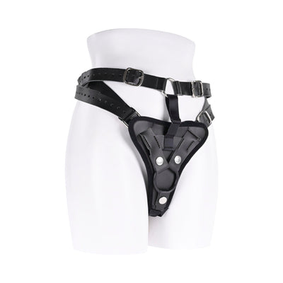 Black high-waisted adjustable strap-on harness with reinforced padding and metal buckles on white mannequin.