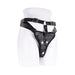 Black high-waisted adjustable strap-on harness with reinforced padding and metal buckles on white mannequin.