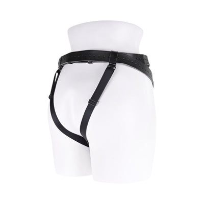 Black high-waisted adjustable strap-on harness displayed on a white mannequin from the back.