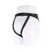Black high-waisted adjustable strap-on harness displayed on a white mannequin from the back.
