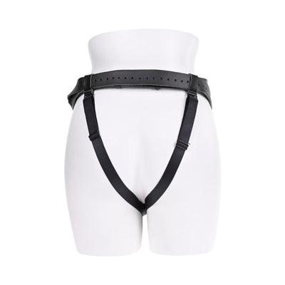 Black high-waisted adjustable strap-on harness displayed on a white mannequin torso.