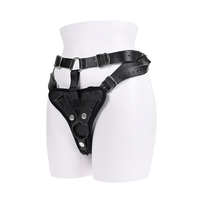Black high-waisted adjustable strap on harness with reinforced padding displayed on white mannequin hips.