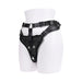 Black high-waisted adjustable strap on harness with reinforced padding displayed on white mannequin hips.