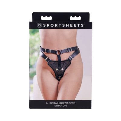 Packaging of Sportsheets Aurora High Waisted Strap On harness showing adjustable black leather straps on model's hips and waist.