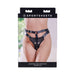 Packaging of Sportsheets Aurora High Waisted Strap On harness showing adjustable black leather straps on model's hips and waist.