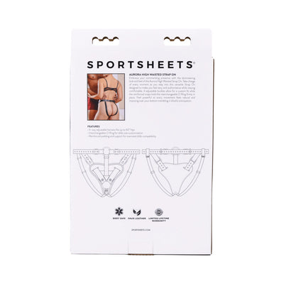 Packaging back of Sportsheets Aurora High Waisted Strap On harness with product details and adjustable harness diagrams.