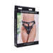 Packaging of Sportsheets Aurora High Waisted Strap On harness showing adjustable black leather straps and reinforced front panel.