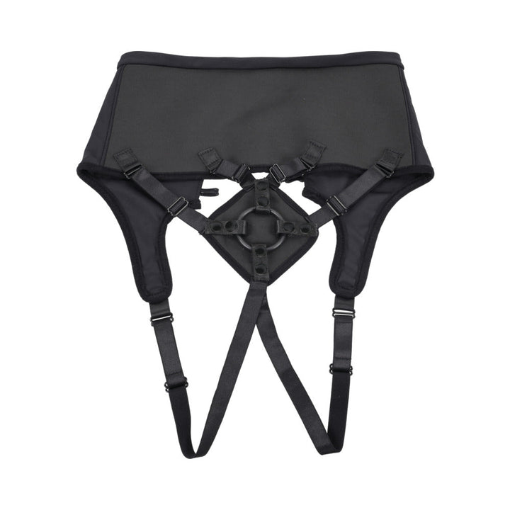 Black high-waisted corset style strap on harness with adjustable laces and padded O-ring connector.