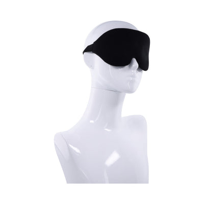 Black Sportsheets Blackout Blindfold with adjustable elastic strap displayed on a white mannequin bust against a white background.