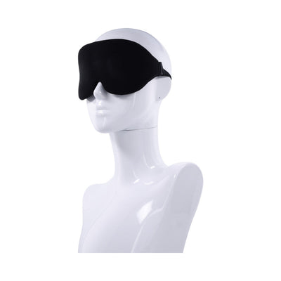 Black Sportsheets Blackout Blindfold with adjustable elastic strap displayed on white mannequin bust