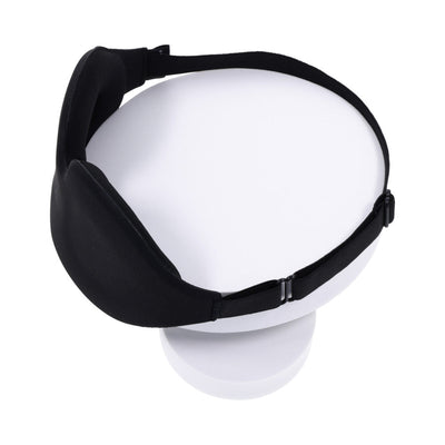 Black Sportsheets Blackout Blindfold with adjustable elastic strap and memory foam padding displayed on white mannequin head.
