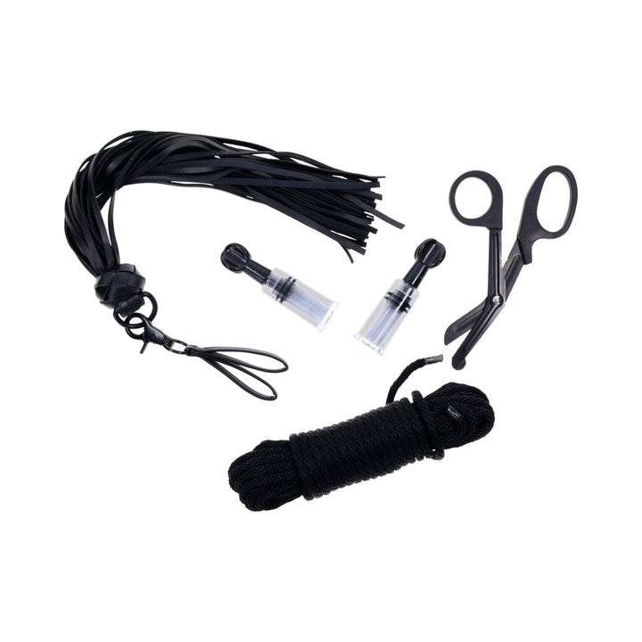 Black faux leather flogger, black silky rope, dual nipple suckers, and black safety scissors from the Sportsheets Tied and Twisted Bondage Kit.