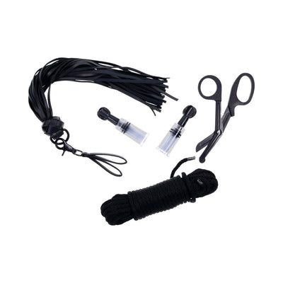 Black faux leather flogger, black silky rope, dual nipple suckers, and black safety scissors from the Sportsheets Tied and Twisted Bondage Kit.