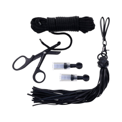 Black silky bondage rope, faux leather finger flogger, safety shears, and dual nipple suckers with twist suction valves.