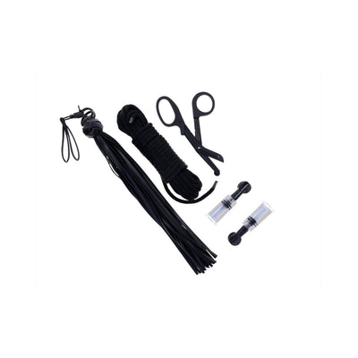 Sportsheets Tied and Twisted Bondage Kit with black rope, faux leather flogger, safety scissors, and dual nipple suckers on white background.