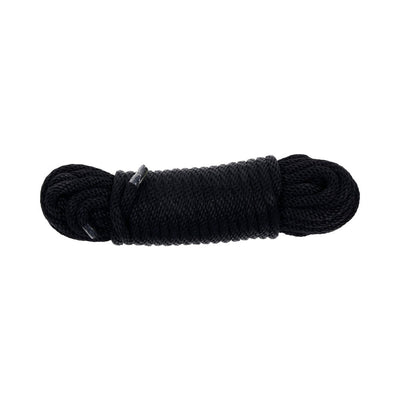 Black silky bondage rope neatly coiled with metal end caps on a white background.