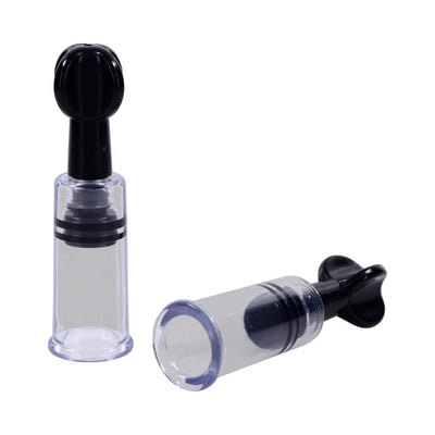 Pair of clear plastic nipple suckers with black twist suction tops for adjustable pressure play.