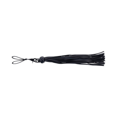Black faux leather finger flogger with braided handle and multiple thin strands for sensory play.