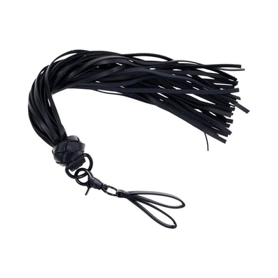 Black faux leather finger flogger with multiple thin strands and a looped handle clasp.
