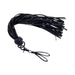 Black faux leather finger flogger with multiple thin strands and a looped handle clasp.