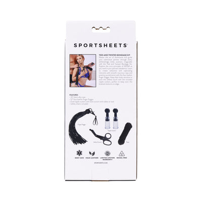 Back of Sportsheets Tied and Twisted Bondage Kit packaging showing product features and contents including rope, finger flogger, nipple suckers, and safety scissors.