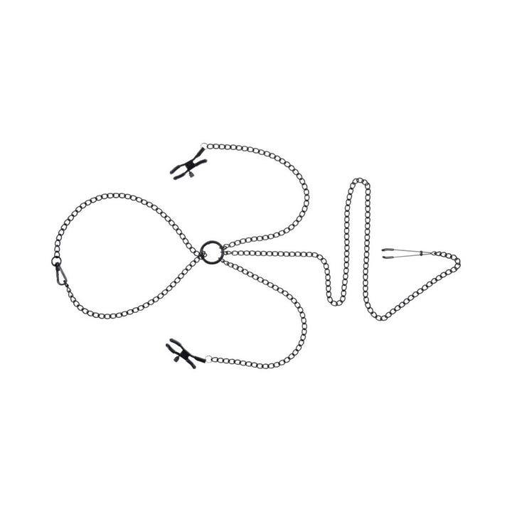 Black chain collar with attached adjustable nipple clamps and a tweezer clit clamp connected by a central O-ring.