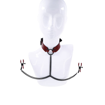 Red and black adjustable collar with black chain and nipple clamps displayed on white mannequin bust