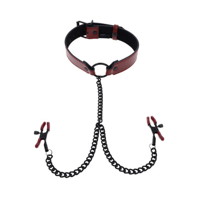 Red and black adjustable collar with attached black chains and red-tipped nipple clamps for intimate play.