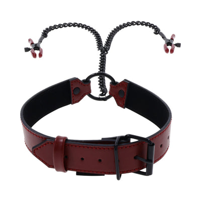Red adjustable collar with black O-ring and attached black chain leading to two red-tipped nipple clamps.