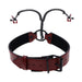 Red adjustable collar with black O-ring and attached black chain leading to two red-tipped nipple clamps.