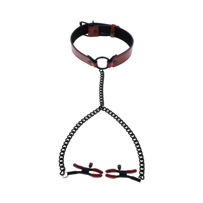 Red and black adjustable collar with attached black chains and red-tipped nipple clamps on white background.