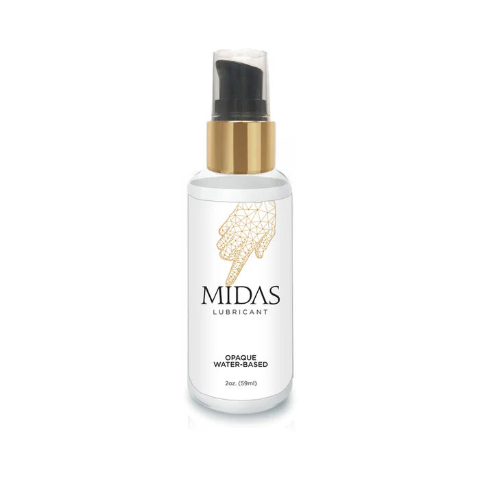 Bottle of Midas opaque water-based lubricant with gold pump and white label featuring a geometric hand design.
