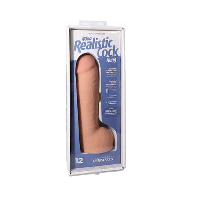 12-inch realistic vanilla-colored dildo with suction cup base in clear retail packaging by Doc Johnson