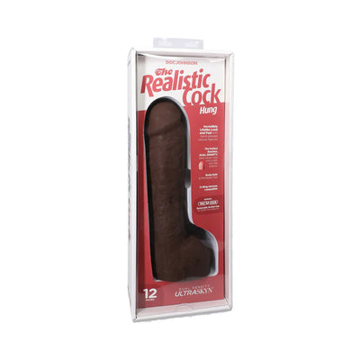 12-inch realistic dark brown dildo with suction cup base in clear retail packaging labeled The Realistic Cock Hung Ultraskyn