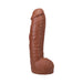Realistic 12-inch dark brown dildo with textured veins and suction cup base standing upright on white background.