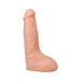 Vanilla-colored realistic 9.5-inch dildo with textured veins and suction cup base for hands-free use.