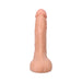 Realistic 9.5-inch vanilla-colored dildo with textured veins and suction cup base, designed for lifelike feel and play.