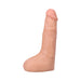 Vanilla-colored realistic 9.5-inch dildo with textured veins and suction cup base for hands-free use.