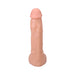 Vanilla-colored realistic 9.5-inch dildo with textured veins and suction cup base for hands-free use.