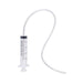Clear plastic syringe with attached flexible tubing for squirting function in adult toy.