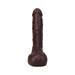 Chocolate-colored realistic dildo with textured veins and suction cup base, standing upright on white background.